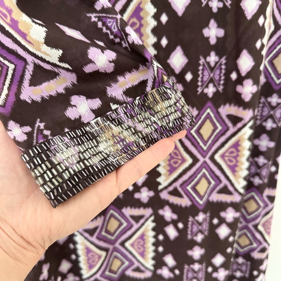 Tory Burch Purple & Brown Beaded Abstract Ikat Midi Kaftan Tunic, Size 6, EUC - Picture 6 of 12